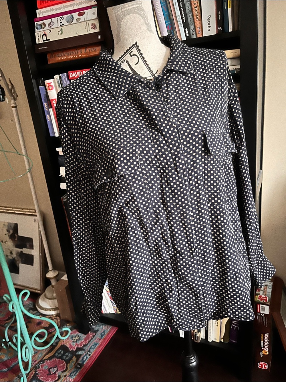 Jones New York Navy Blouse with Khaki Polkadots